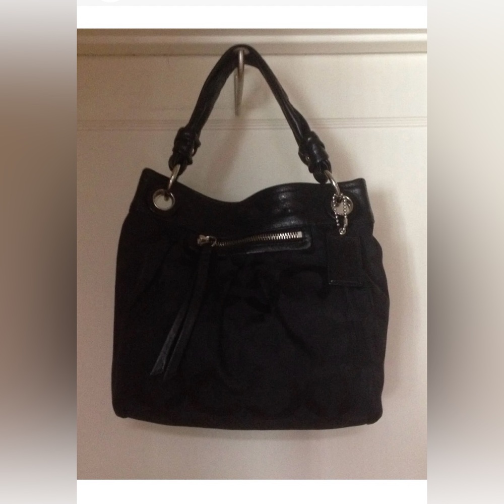 Pre-loved Coach Monogramed Black Canvas Shoulder/Crossbody Bag-Leather Accents